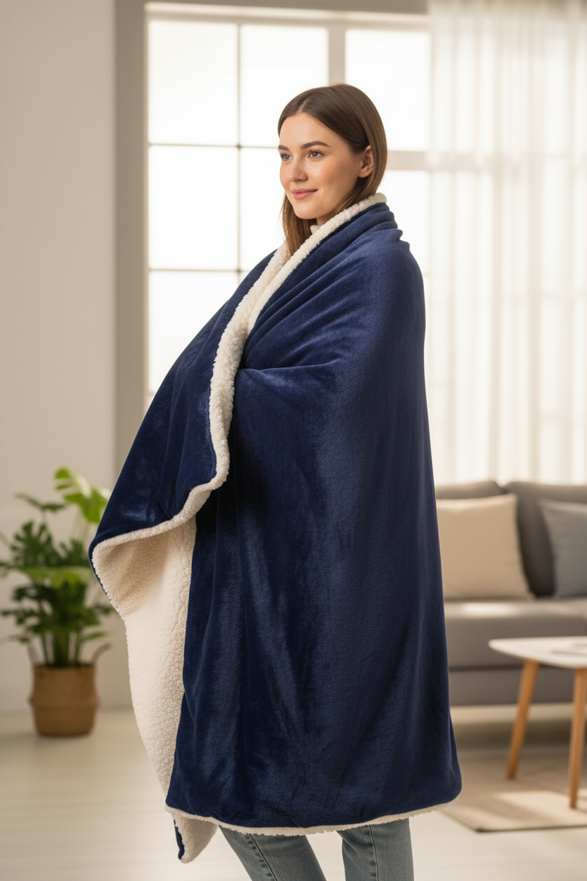 Couverture chaude et douce Plaid en bleu marine avec doublure sherpa blanche sur épaules de femme