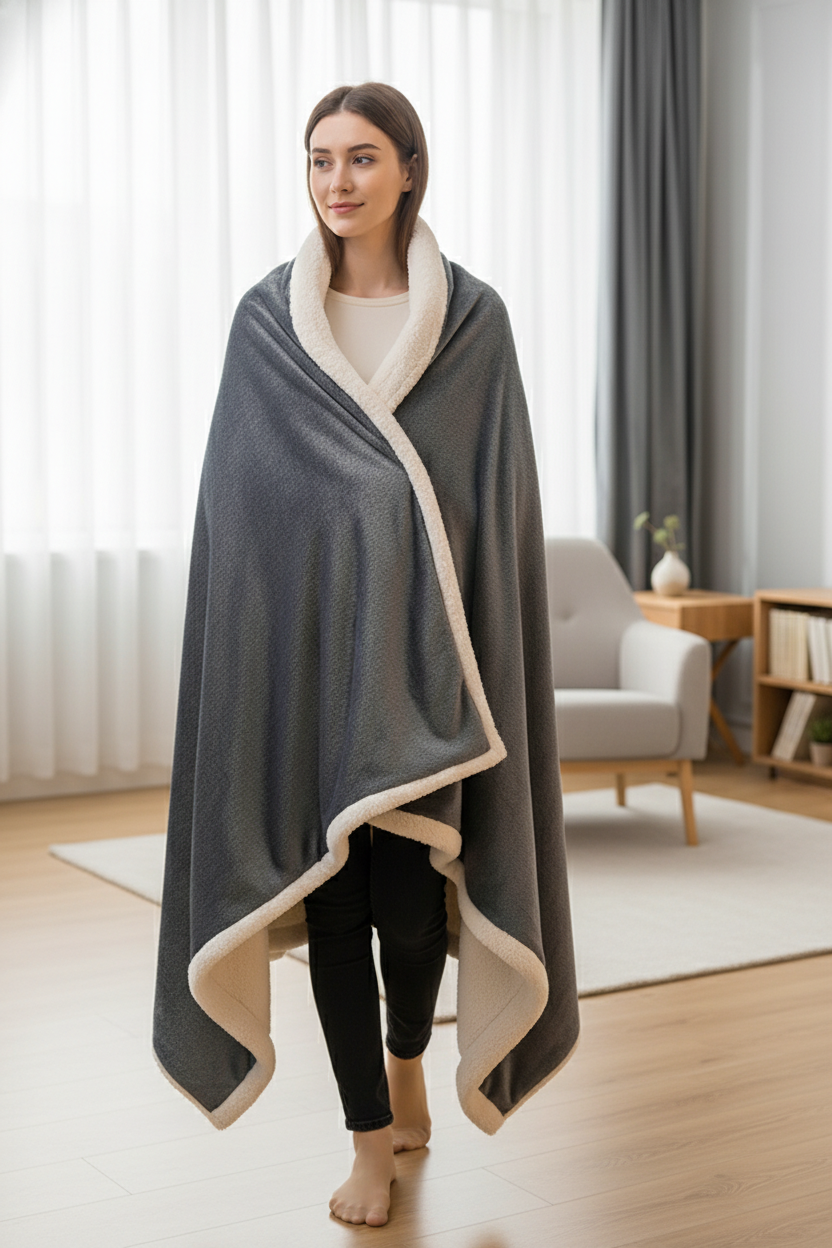 Couverture en plaid gris chaud et doux avec doublure polaire crème moelleuse