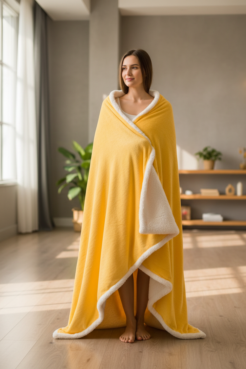 Couverture Plaid chaud et doux jaune douillette à doublure polaire blanche, enroulée autour dune femme