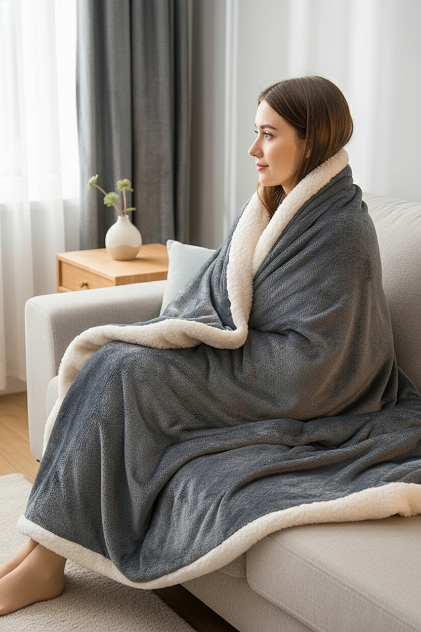 Couverture en plaid gris chaud et doux avec doublure polaire blanche, enroulée autour dune femme sur canapé