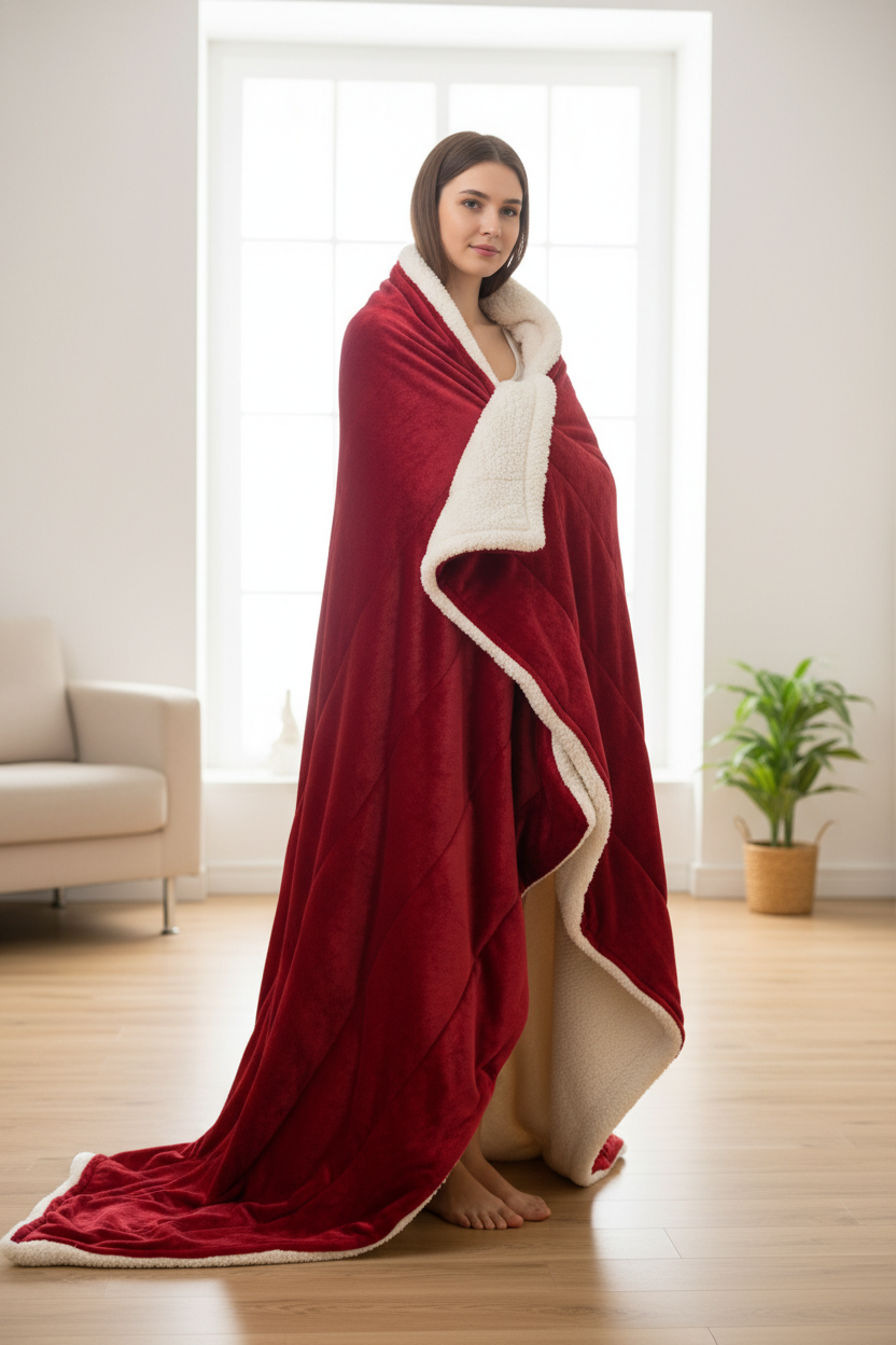 Couverture en velours rouge bordeaux doublée sherpa blanc doux Plaid chaud et doux