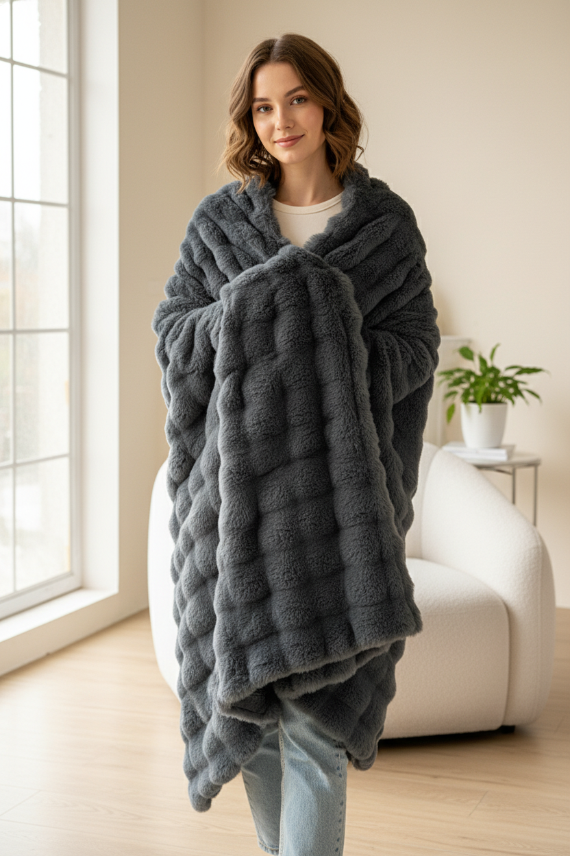 Couverture en plaid de fausse fourrure grise foncée texturée