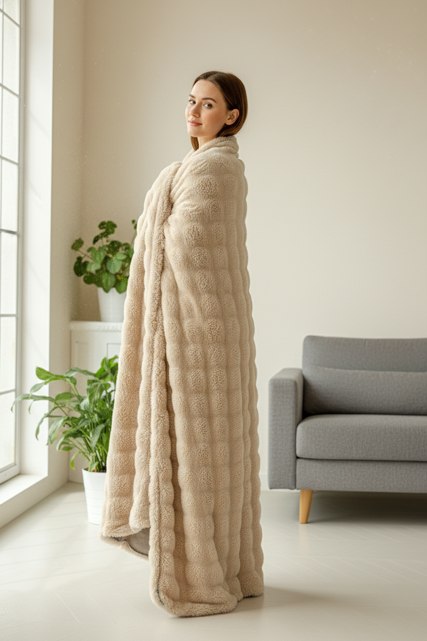 Couverture en plaid fausse fourrure beige texturée matelassée
