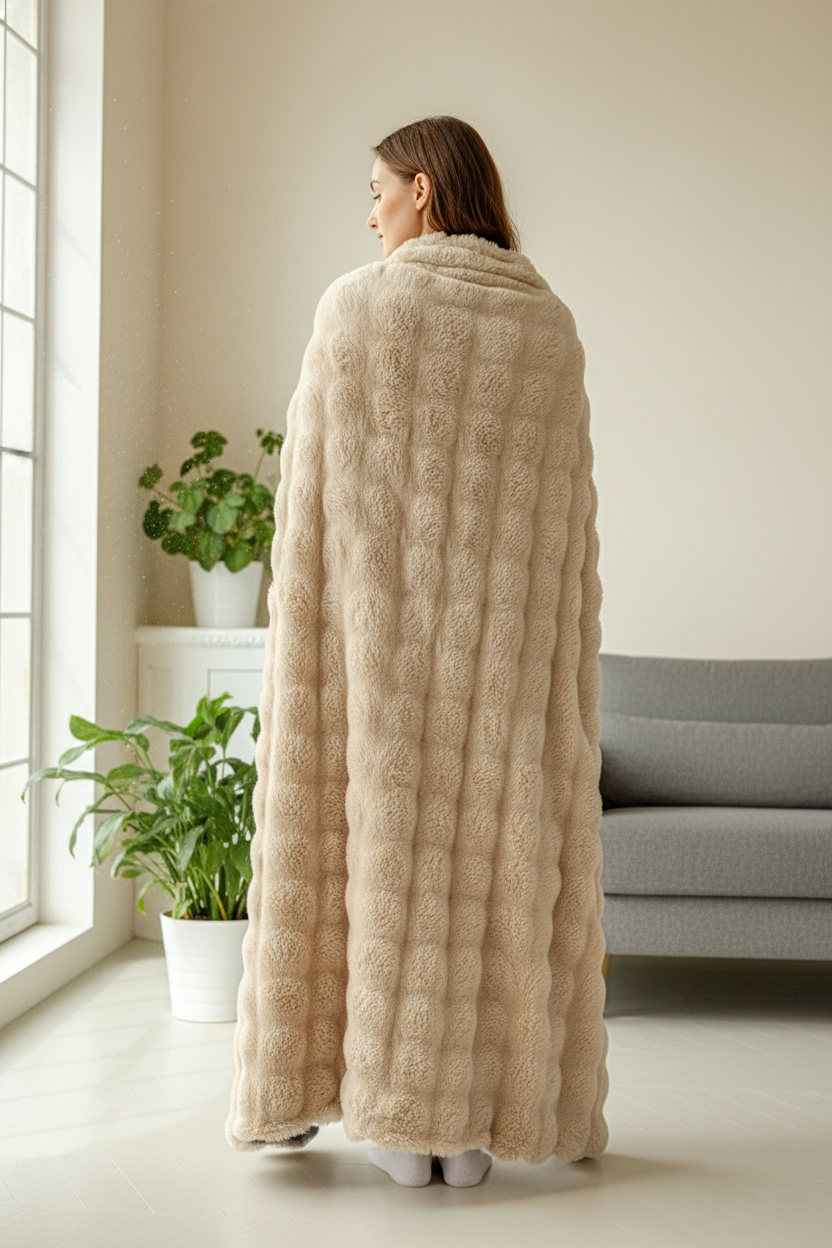 Plaid en fausse fourrure beige moelleux à motif texturé surélevé