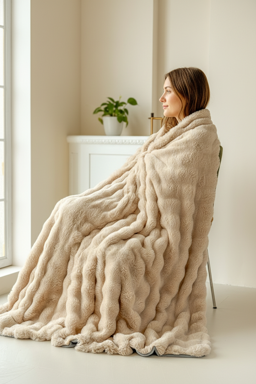 Couverture de plaid en fausse fourrure crème texturée ondulée moelleuse