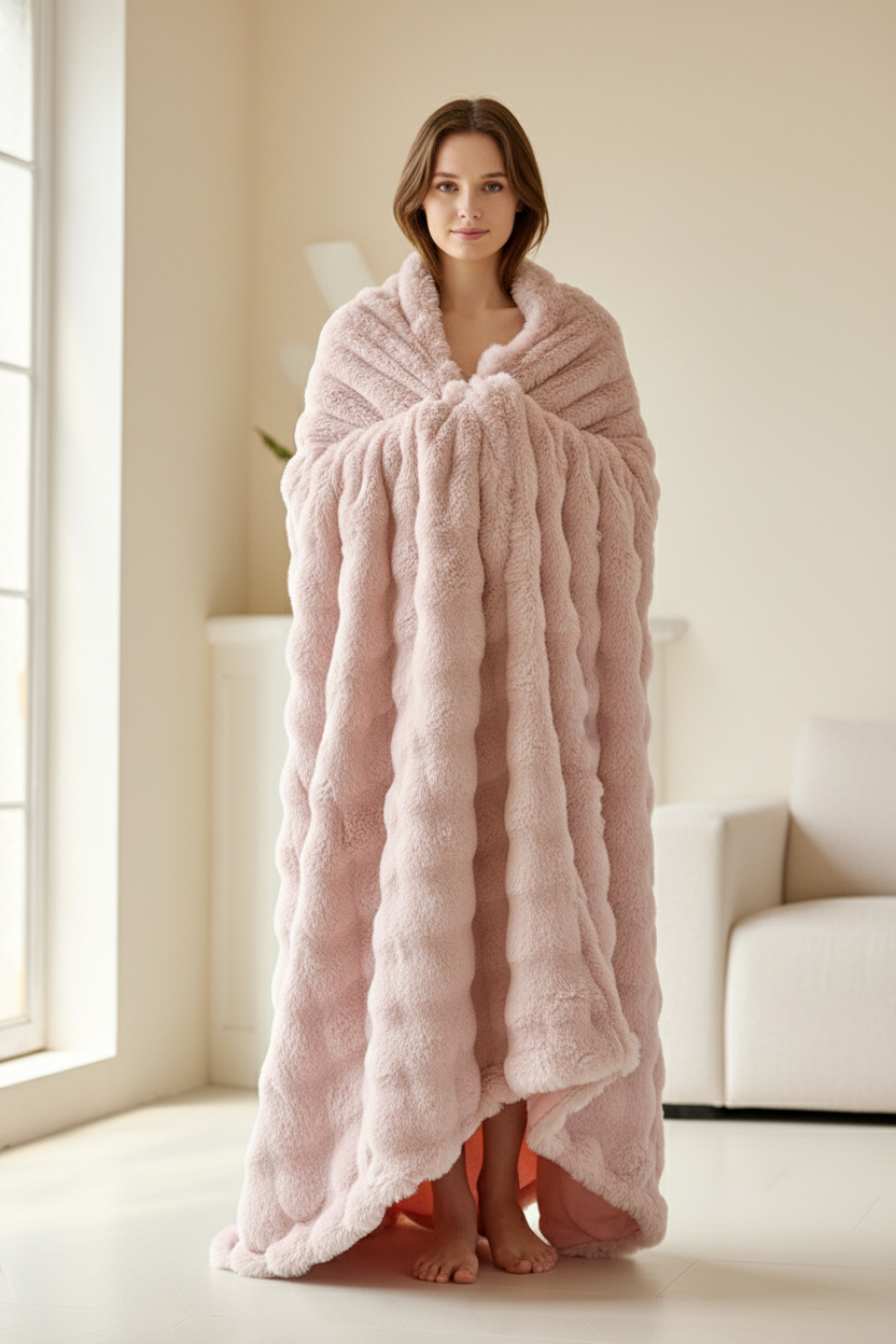 Couverture en plaid de fausse fourrure rose clair texturée à côtes