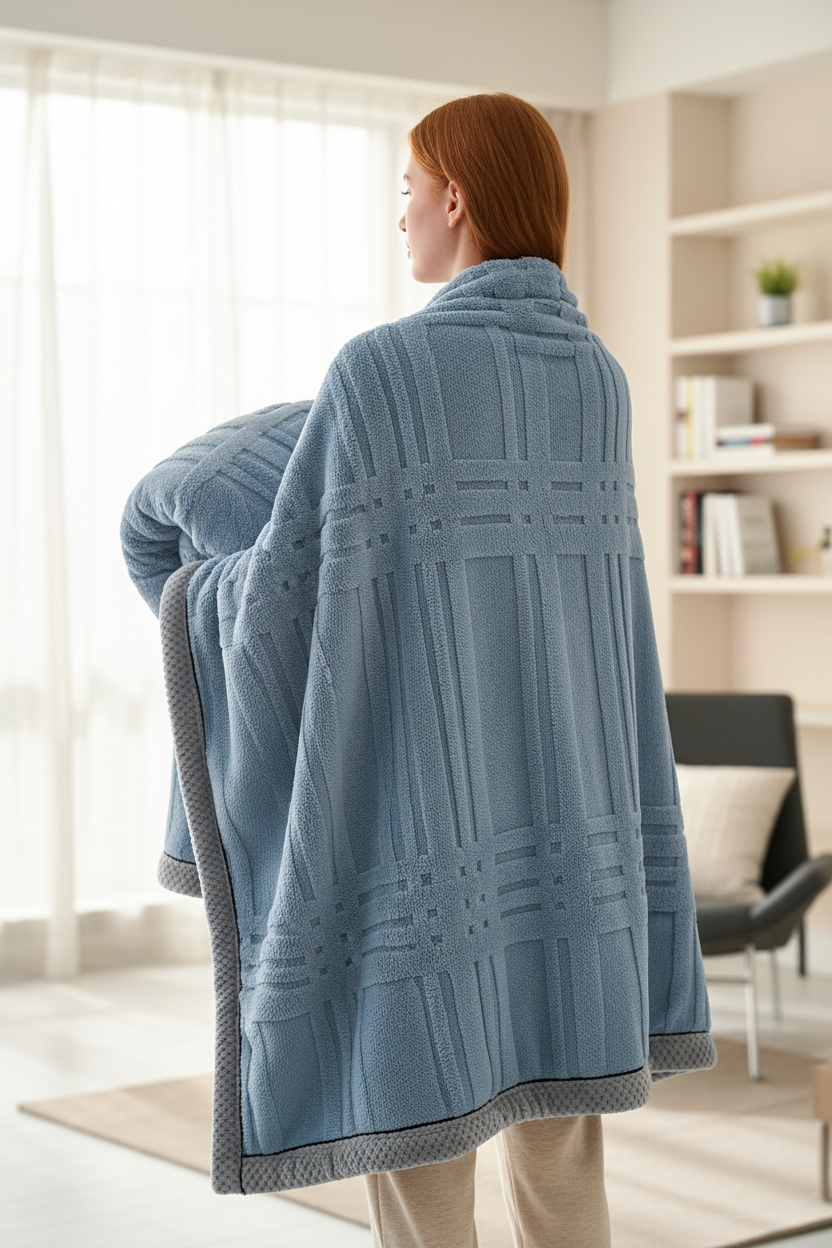 Couverture en fleece bleu clair à motif carré jacquard plaid et bordure grise