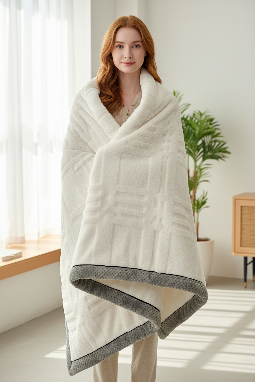 Plaid jacquard à motif carré blanc en tissu moelleux avec liseré gris texturé