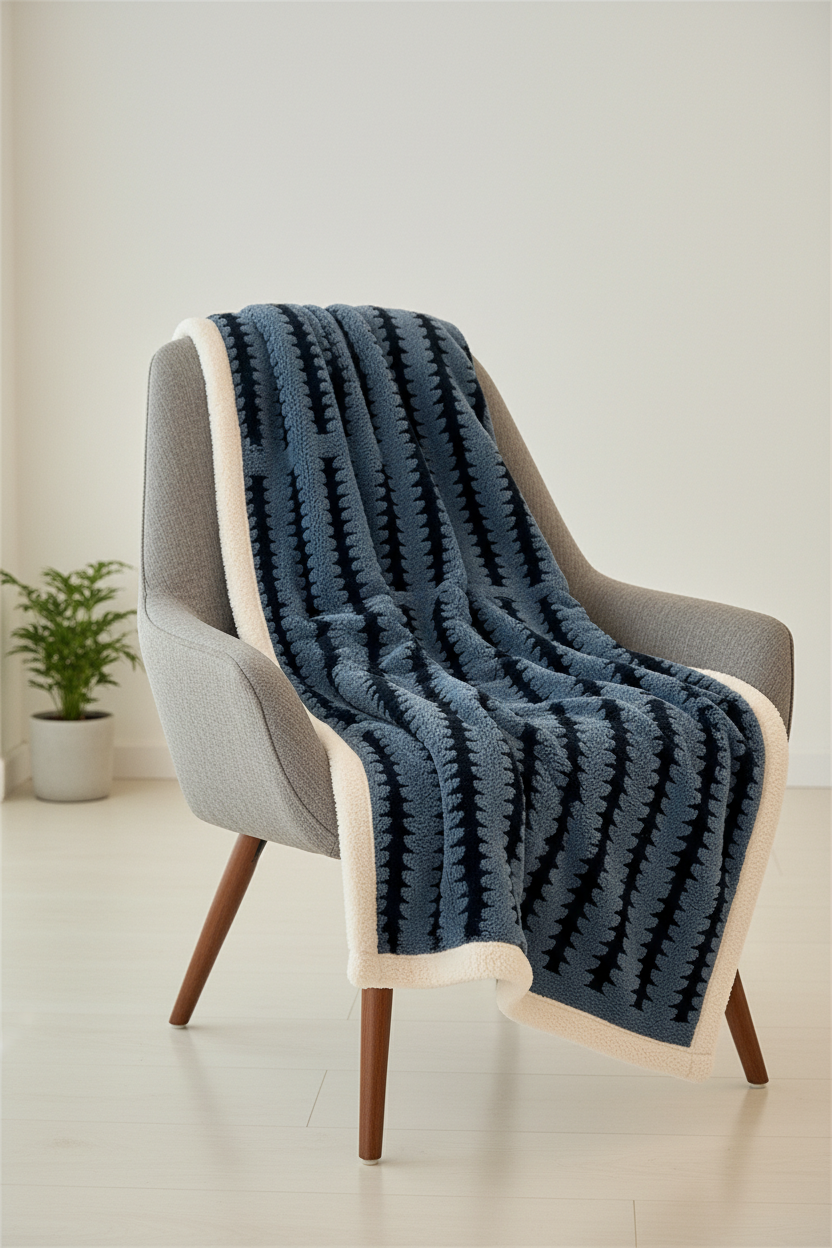 Plaid polaire grand confort bleu marine et crème sur fauteuil