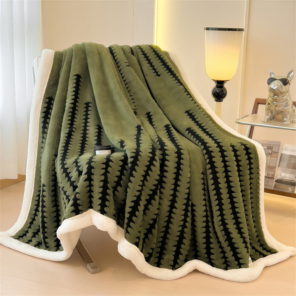 Couverture en polaire olive Plaid polaire grand confort motif fougère noir bordure fausse fourrure blanche