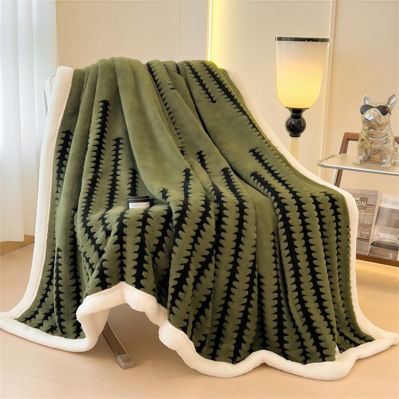 Couverture en polaire olive Plaid polaire grand confort motif fougère noir bordure fausse fourrure blanche