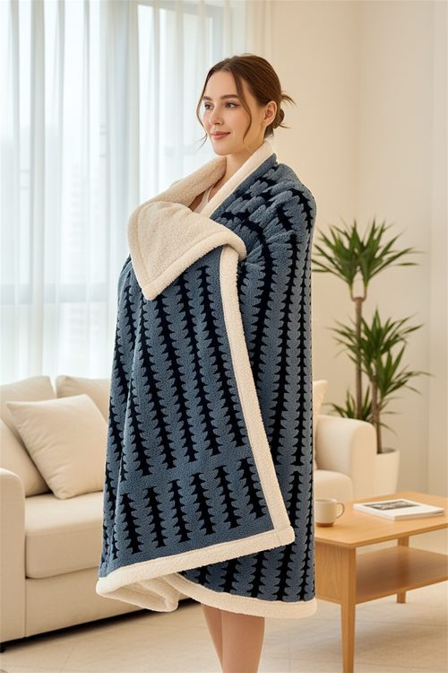Couverture polaire grand confort Plaid polaire, bleu marine et crème, motif arbre, doublure sherpa moelleuse