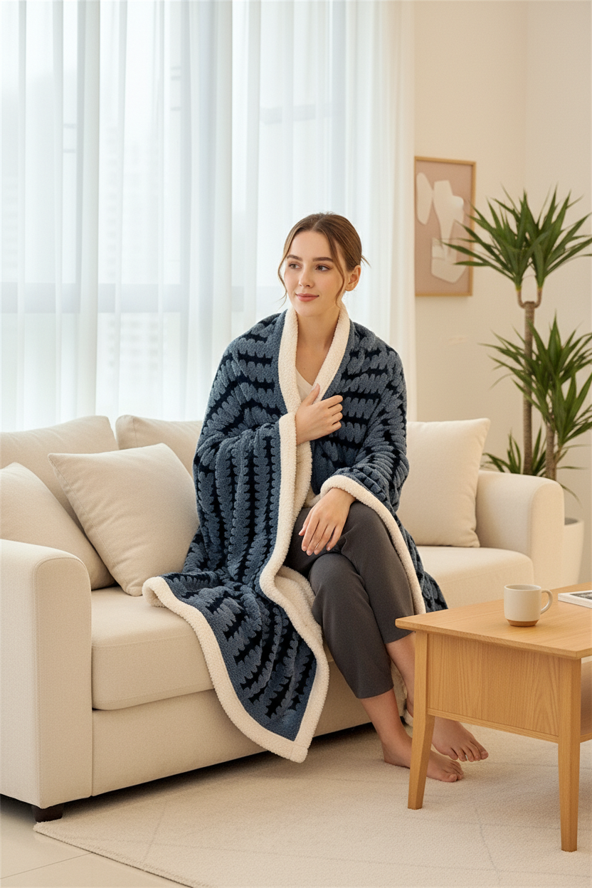 Plaid polaire grand confort bleu marine avec liseré sherpa blanc sur canapé