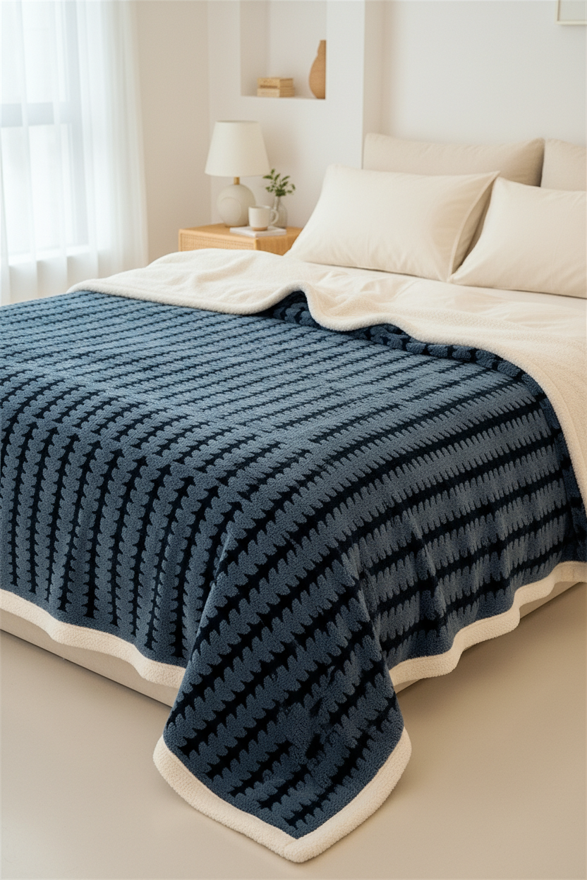 Plaid polaire grand confort bleu marine à motif feuille texturé doublure polaire crème
