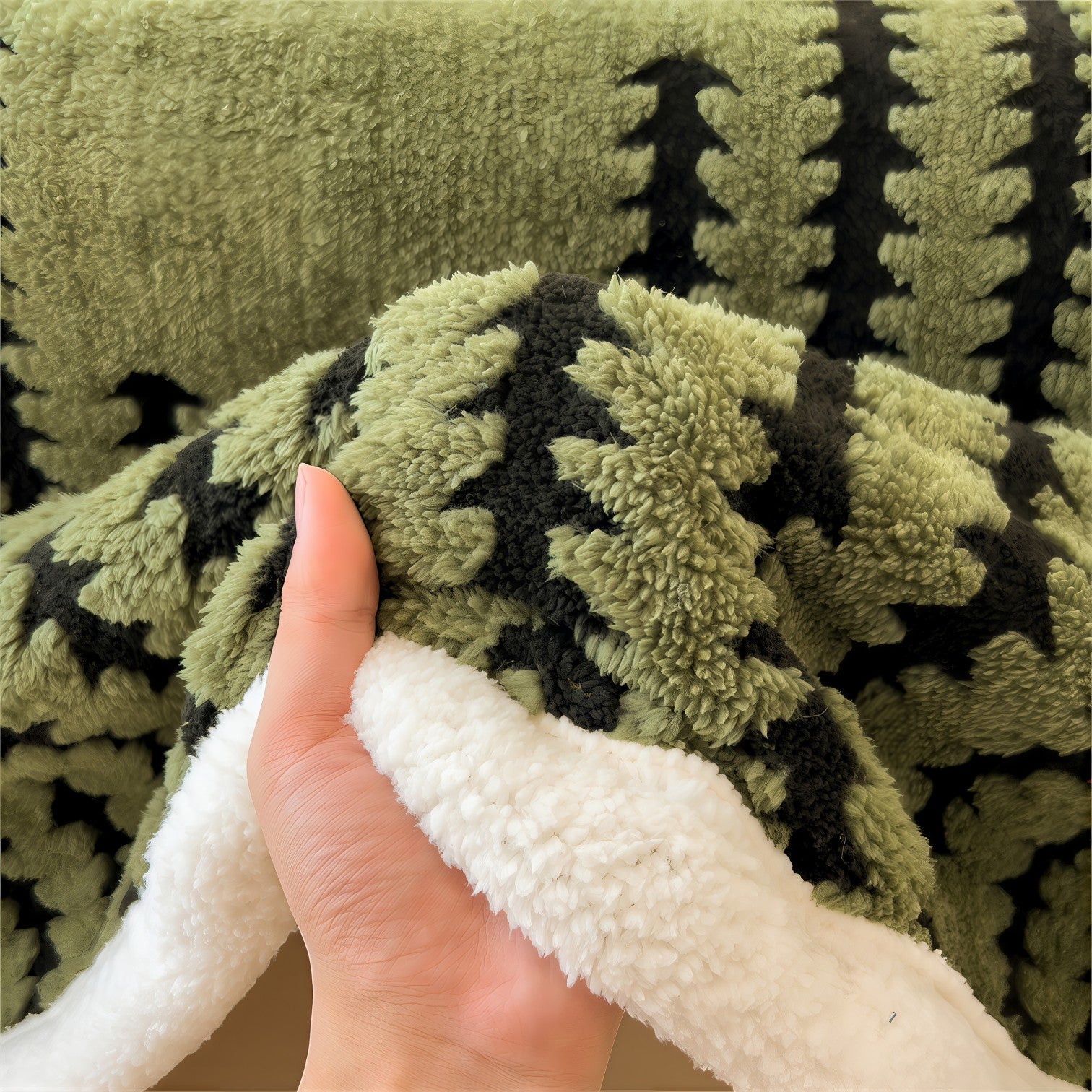 Couverture polaire grand confort en vert olive et noir à motif arbre