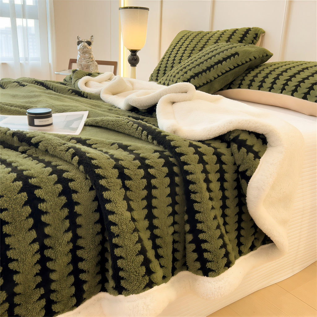Couverture polaire Plaid polaire grand confort vert olive et noir rayée doublure blanche moelleuse