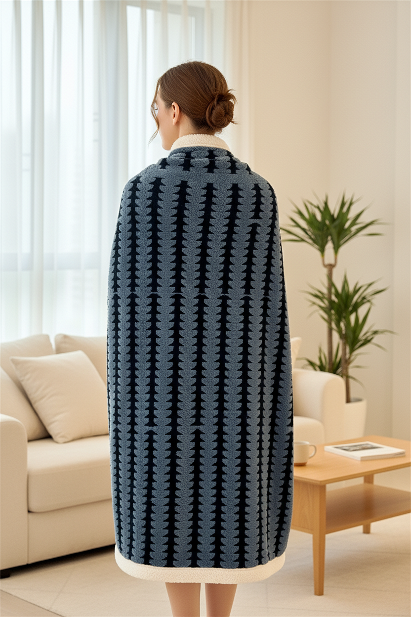 Couverture Plaid Polaire Grand Confort rayée bleu marine noir doublure polaire blanche douce