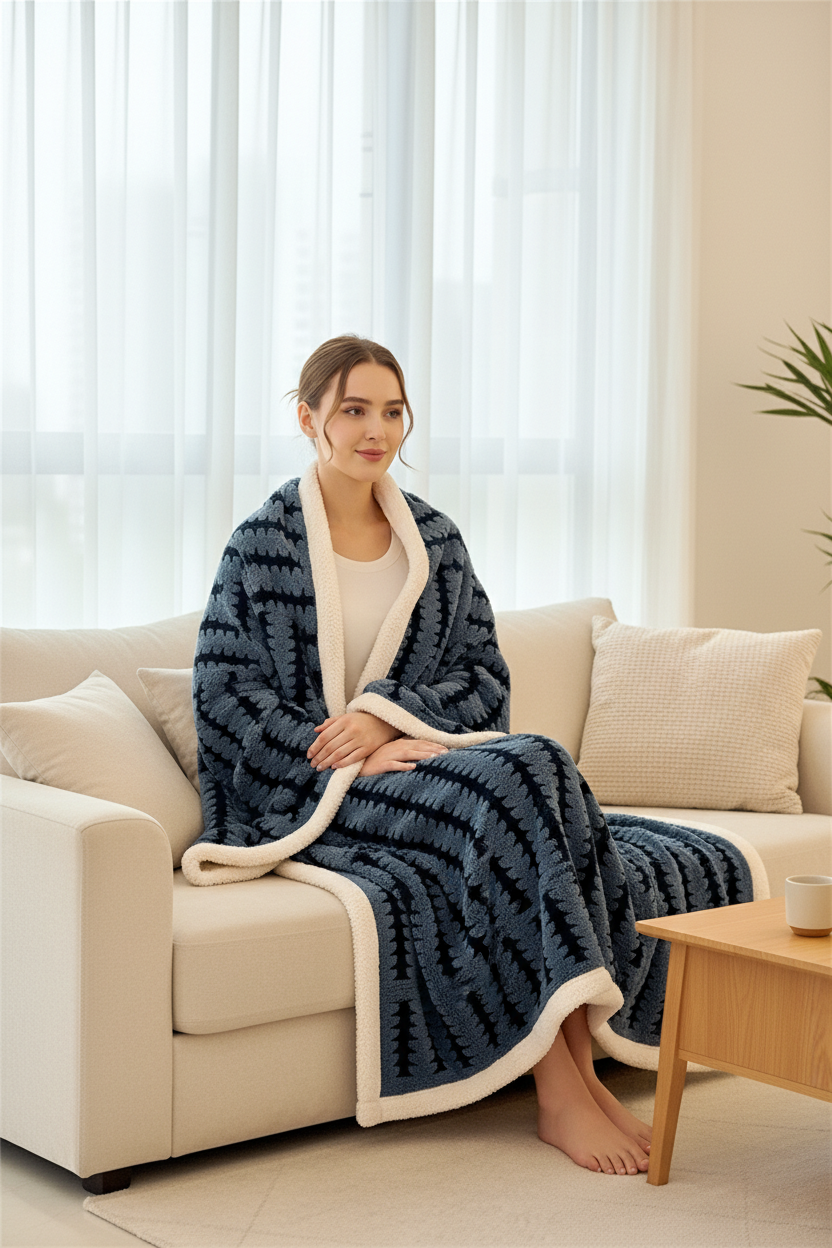 Peignoir Plaid Polaire Grand Confort bleu marine et crème à motif arbre géométrique