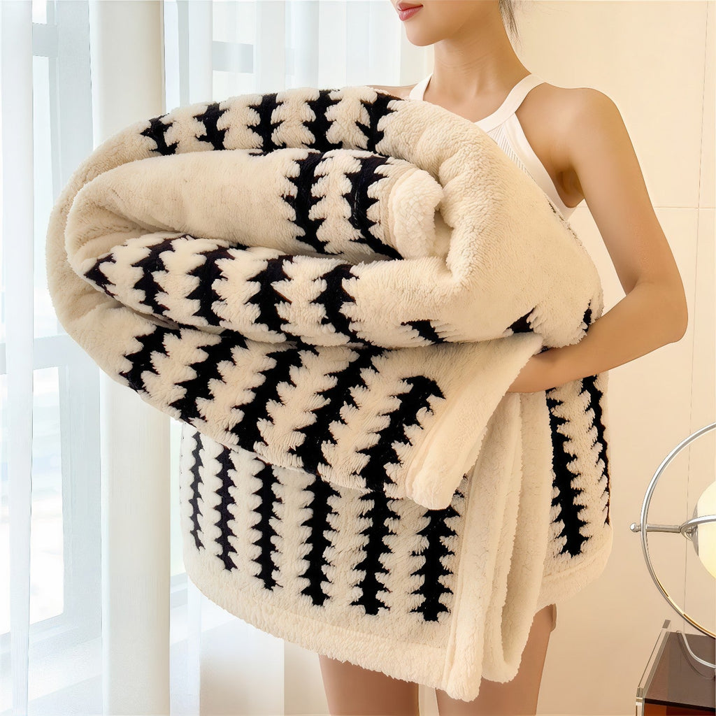 Couverture polaire grand confort à motif houndstooth crème et noir moelleuse