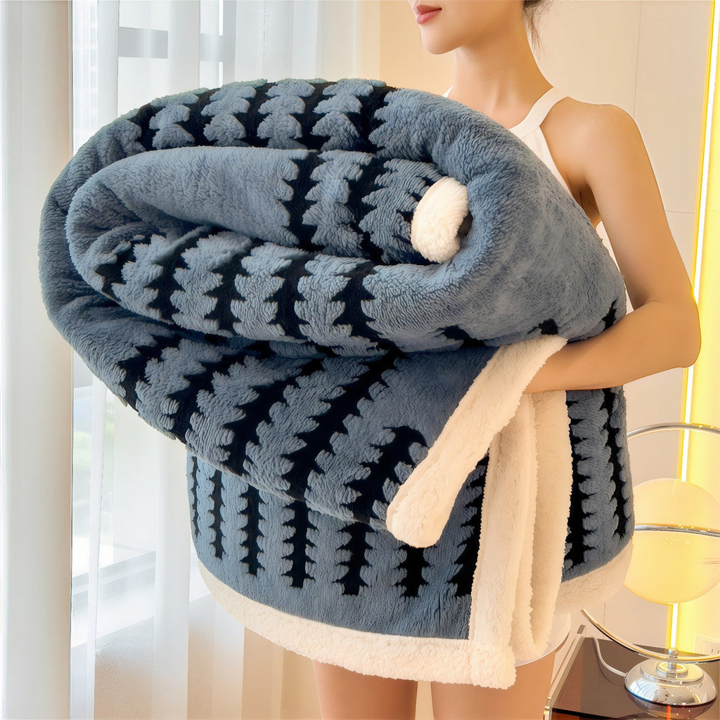 Couverture plaid polaire grand confort bleu-noir à lisière polaire crème