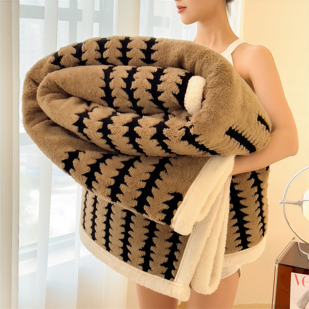 Plaid polaire grand confort : couverture douillette beige-noir feuilles et polaire blanc