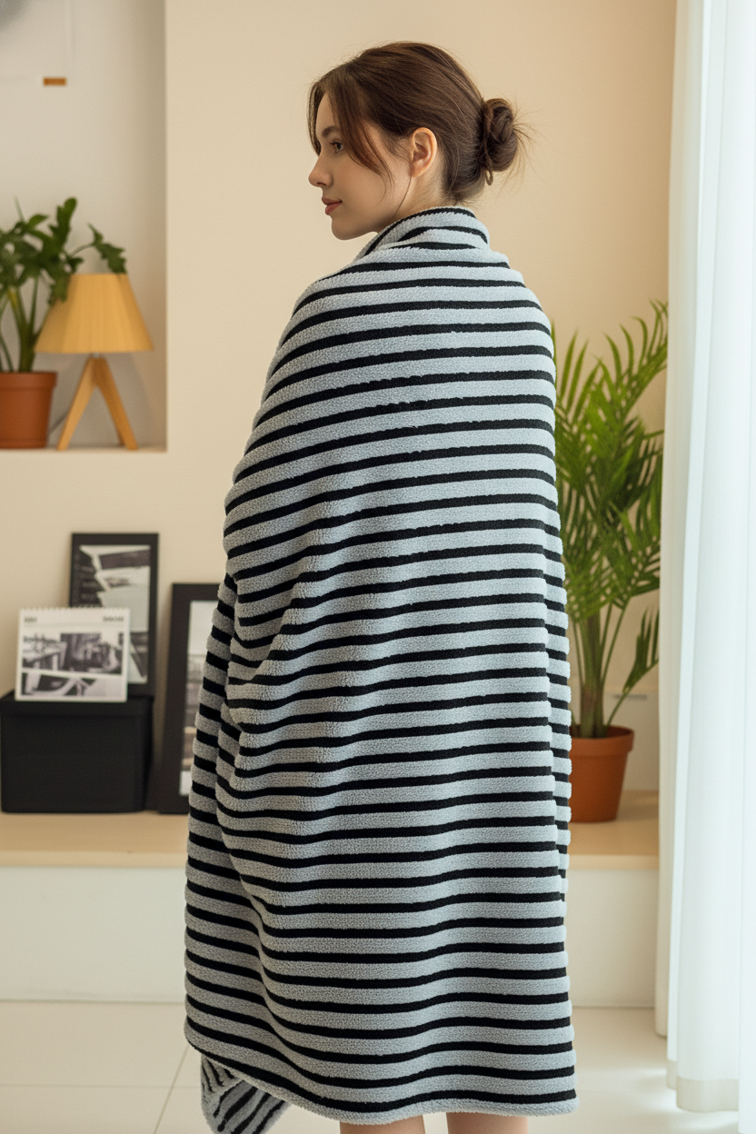 Plaid polaire style marinière doux sur épaules de femme