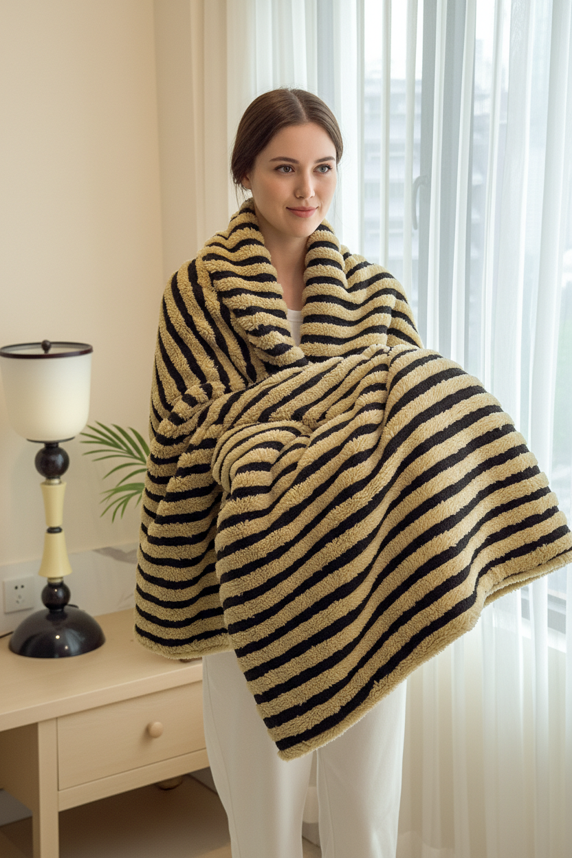 Plaid polaire style marinière douillette aux rayures noir et beige sur épaules