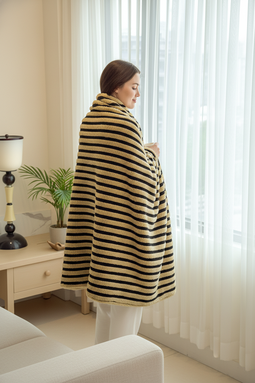 Plaid polaire style marinière crème et noir sur épaules de femme