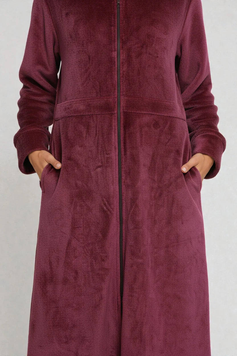 Robe de chambre en polaire bordeaux à zip intégral et poches avant