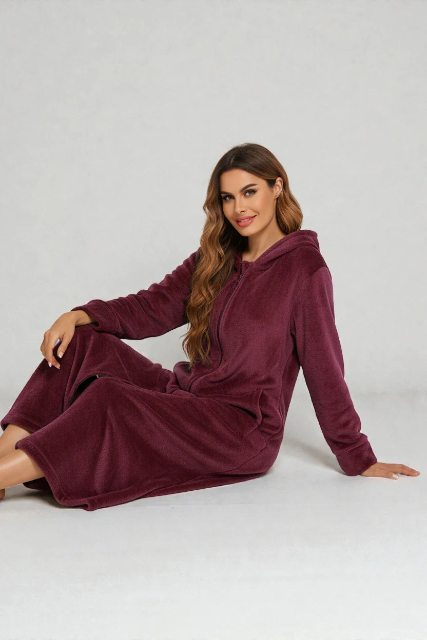 Robe de chambre à fermeture éclair en tissu velours bordeaux à capuche, dos