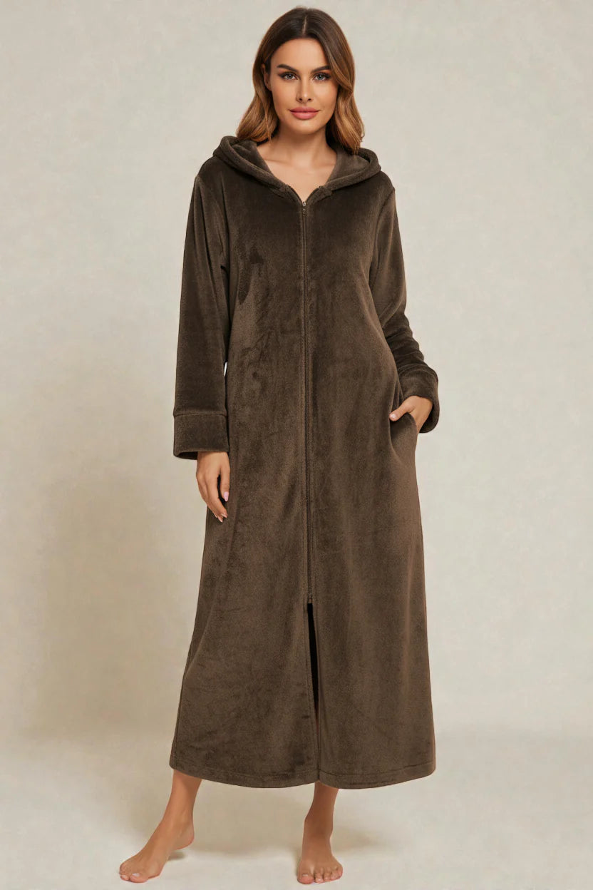 Robe de chambre à capuche doublée velours vert olive, zip intégral et poches