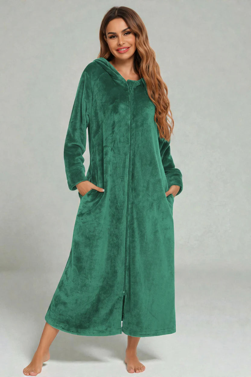 Robe de chambre velours émeraude vert capuche zip front