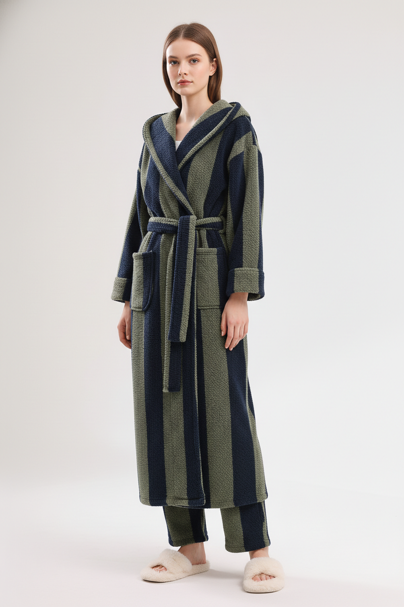Robe de chambre chaude à capuche rayée bleu marine et vert olive