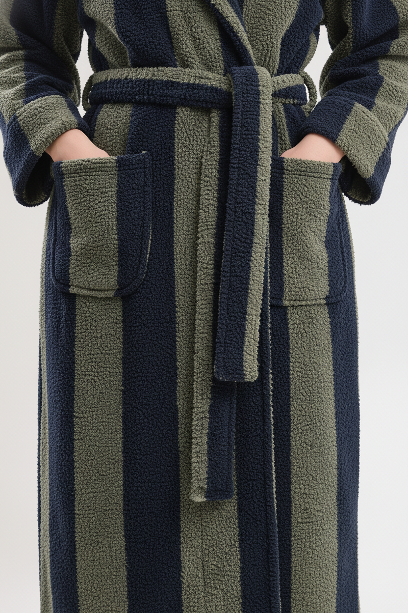 Robe de chambre chaude à capuche rayée bleu marine et vert olive