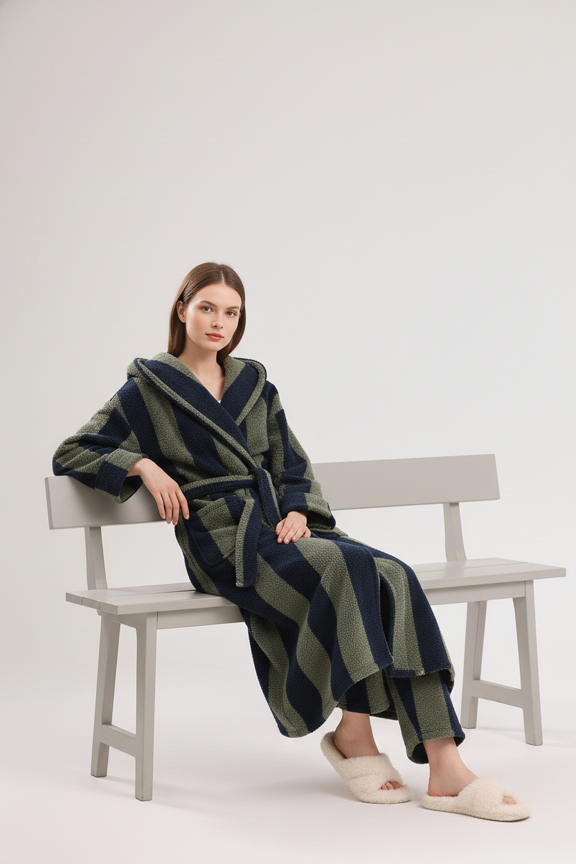 Robe de chambre chaude à capuche rayée marine et olive avec ceinture