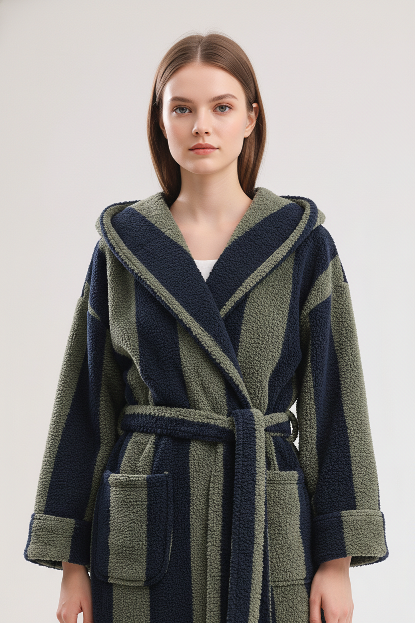 Robe de chambre chaude à capuche cozy à rayures verticales bleu marine et vert olive