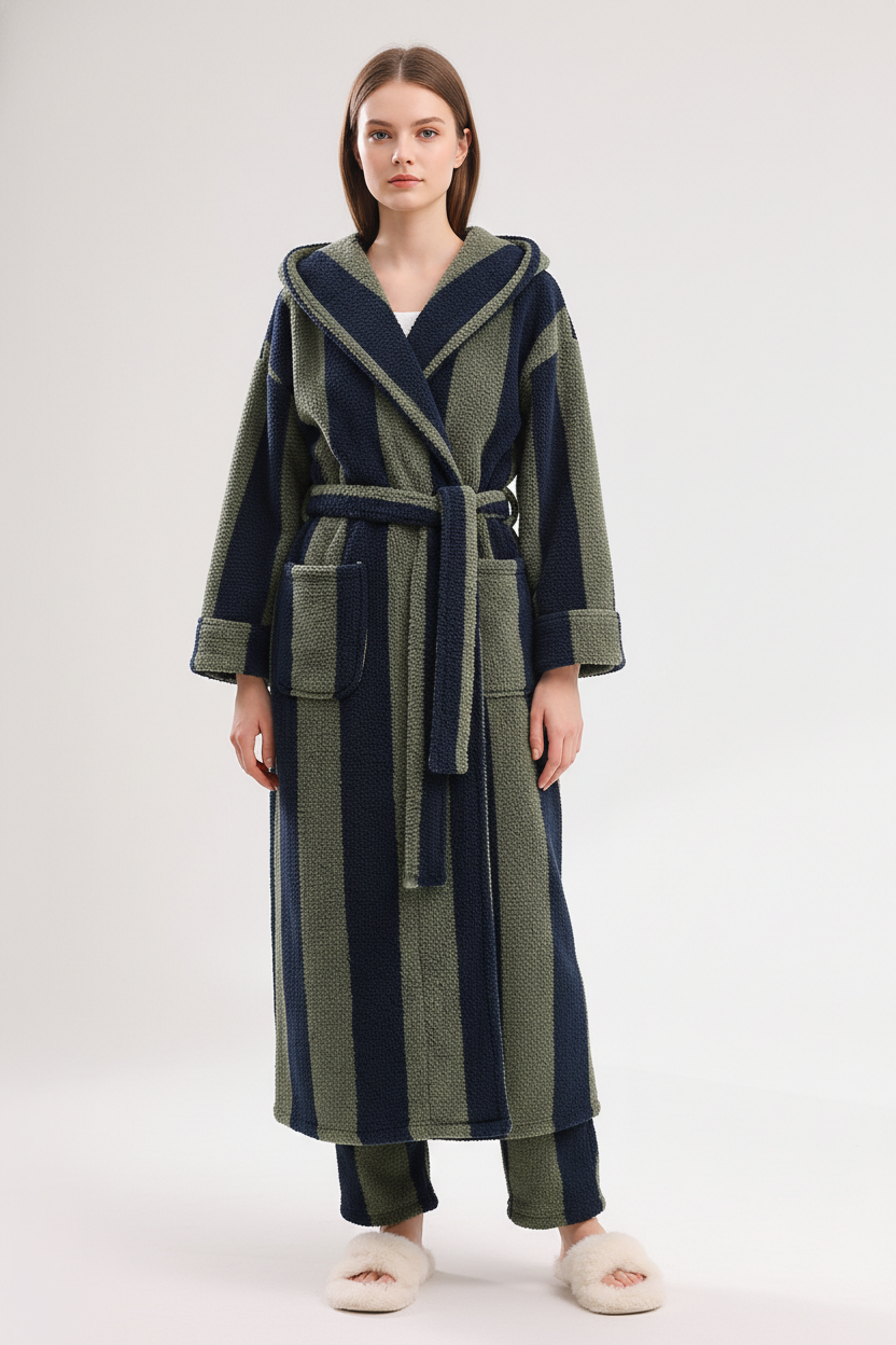 Robe de chambre chaude à capuche rayée vert olive et bleu marine