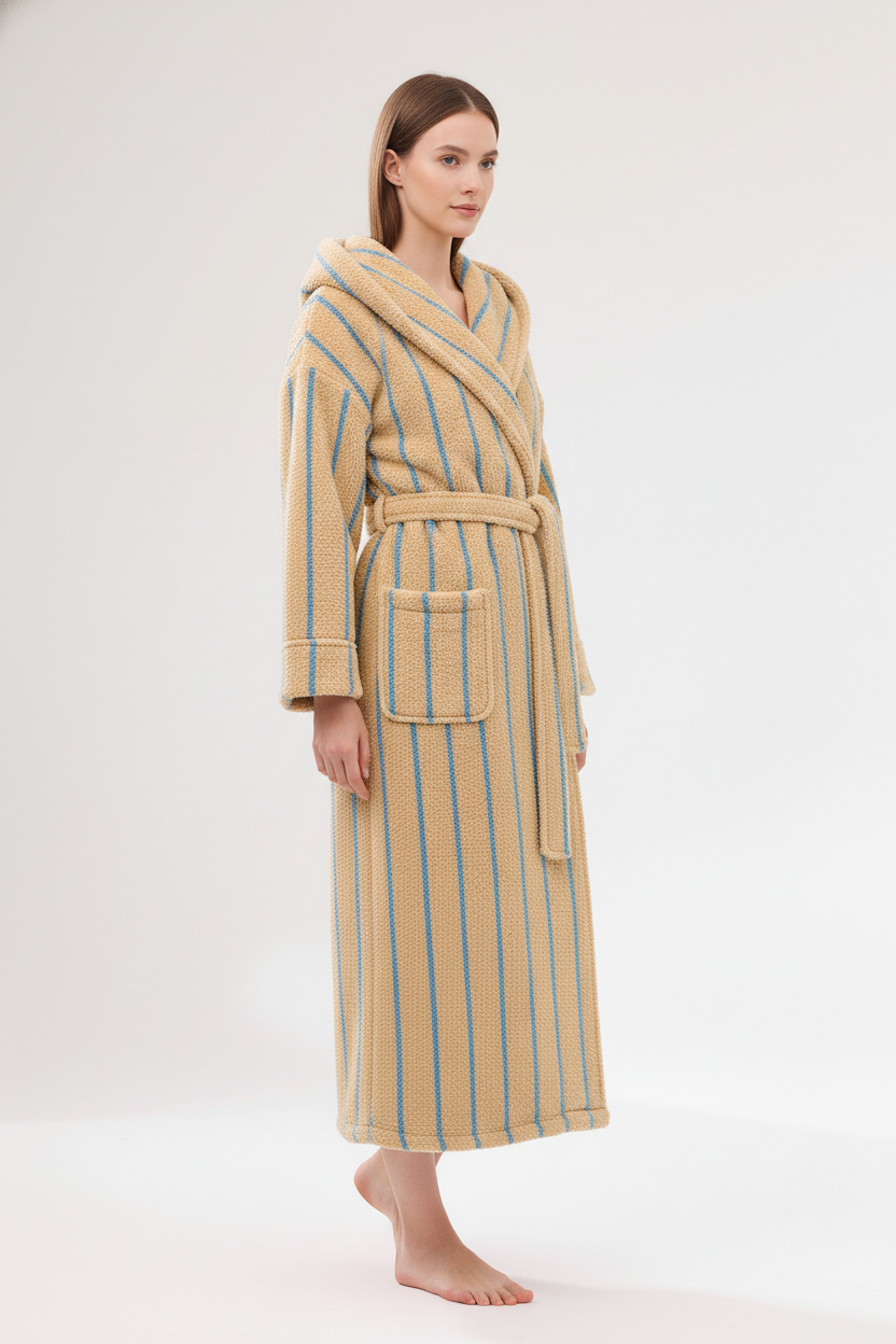 Robe de chambre beige et bleu rayée, capuche, ceinture, poche