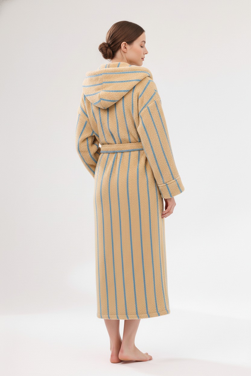 Robe de chambre chaude longue à capuche beige et bleu rayée verticale texturée