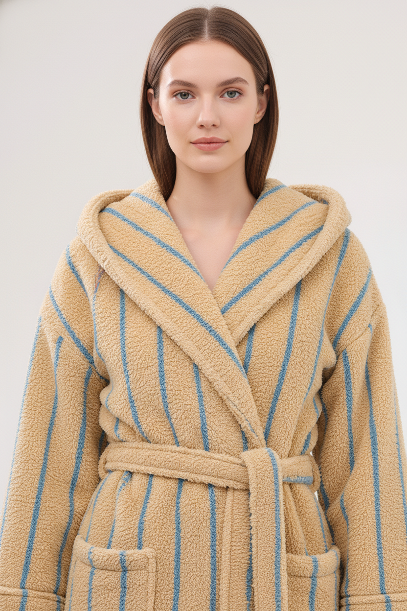 Robe de chambre chaude beige et bleu rayée à capuche et ceinture