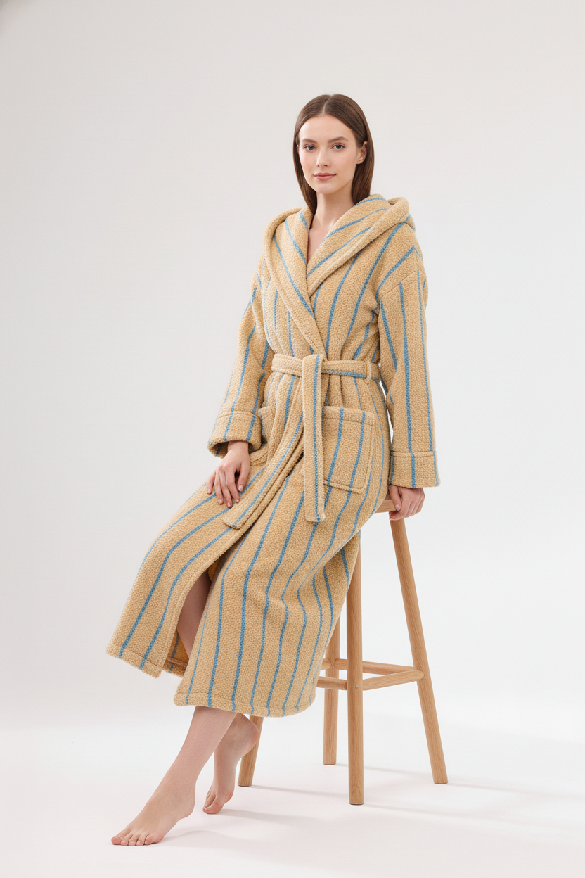 Robe de chambre chaude longue beige et bleu rayée à capuche