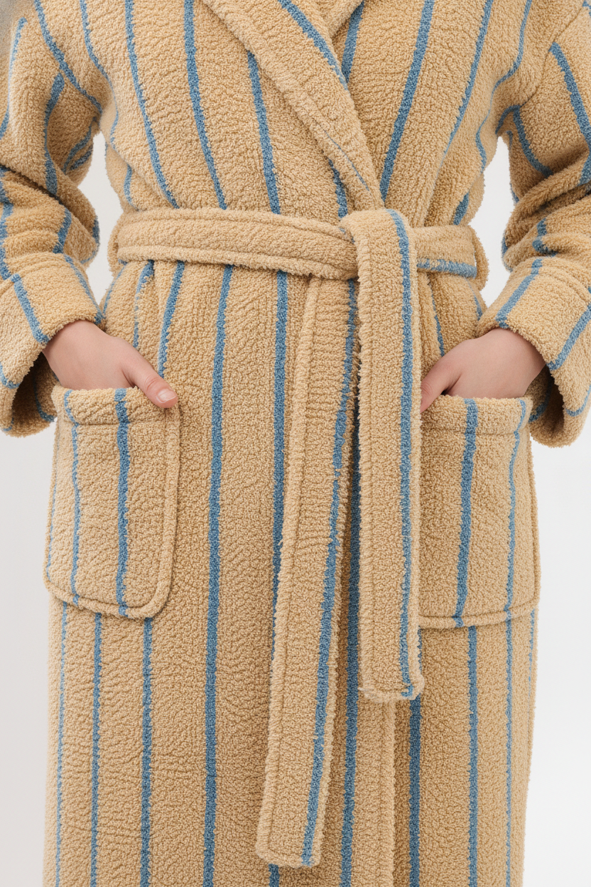 Robe de chambre beige et bleu rayée en plush avec capuche et ceinture
