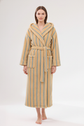 Robe de chambre beige et bleu rayée, capuche, ceinture, poches