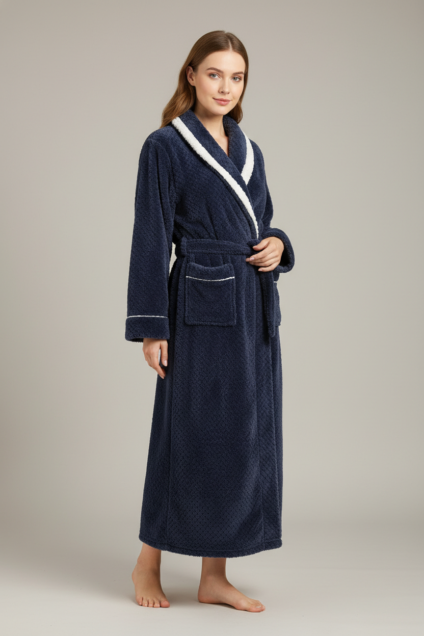 Robe de chambre chic femme bleu marine en plush avec bordure blanche