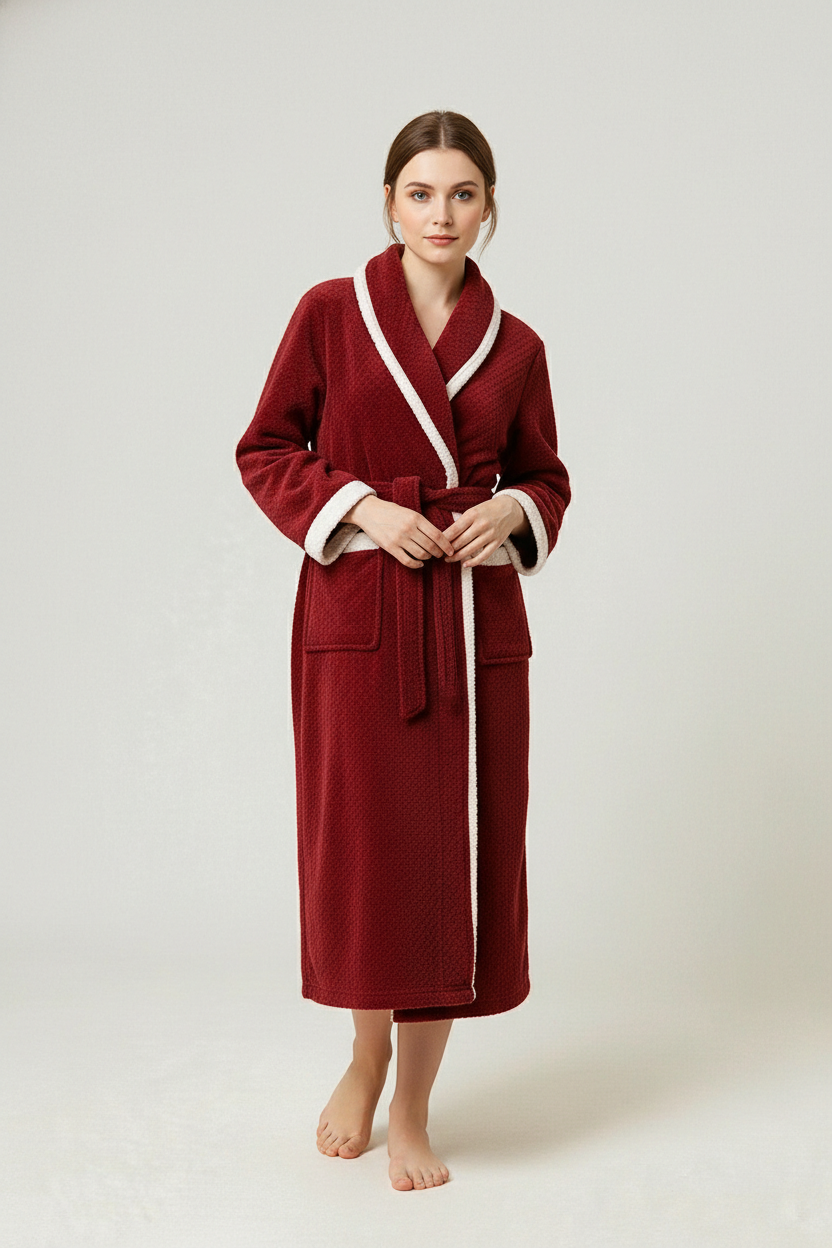 Robe de chambre chic femme en velours rouge profond à bordures blanches