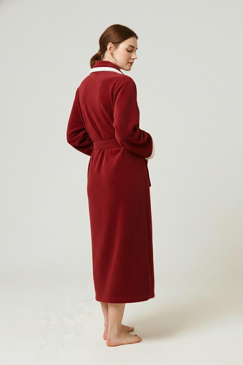 Robe de chambre chic femme en tissu éponge rouge profond à col blanc