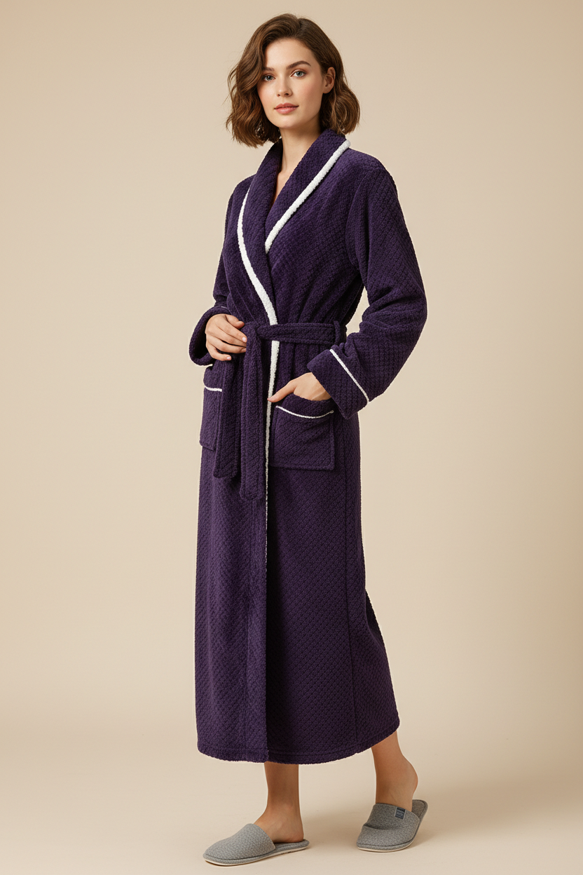Robe de chambre chic femme en velours bleu marine avec bordures blanches