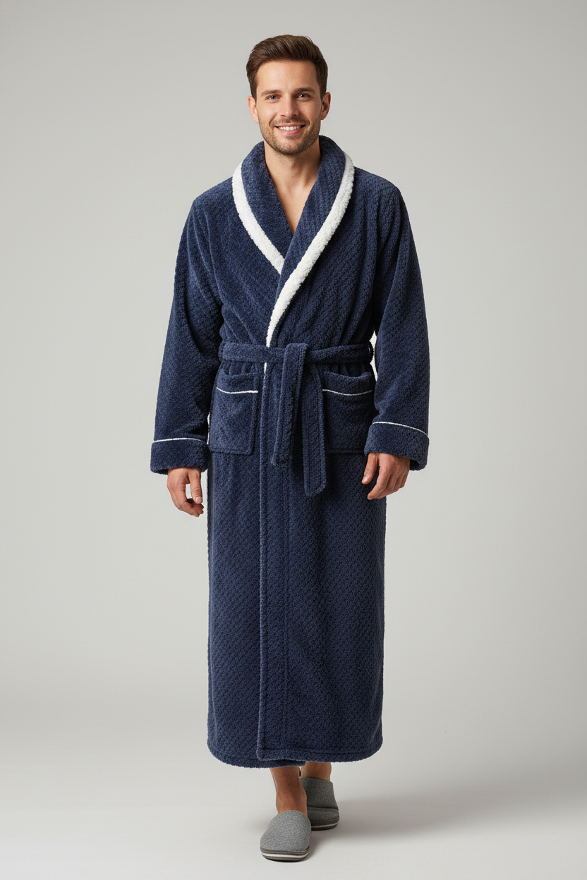 Robe de chambre chic homme bleu marine en plush avec bordure polaire blanche