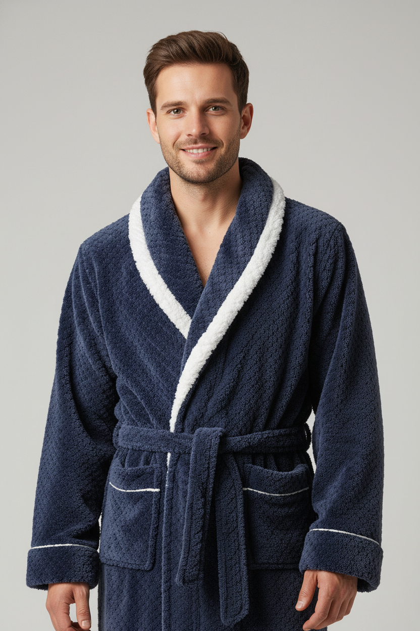 Robe de chambre chic homme bleu marine en plush à bordure polaire blanche