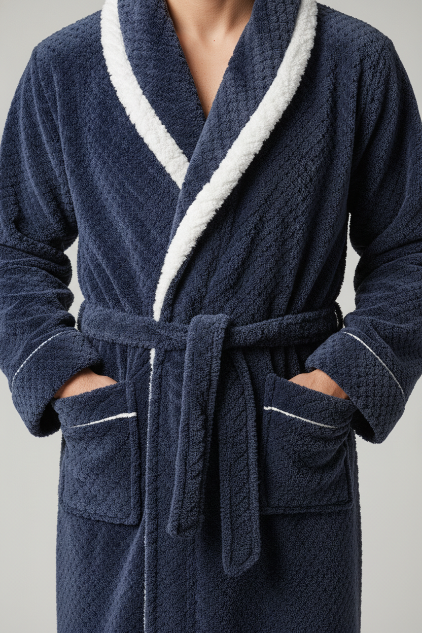 Robe de chambre chic homme bleu marine en plush à bordure polaire blanche